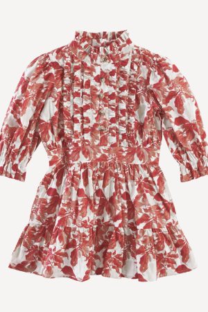 long puff sleeve short tier dress | poinsettia | organic cotton woven