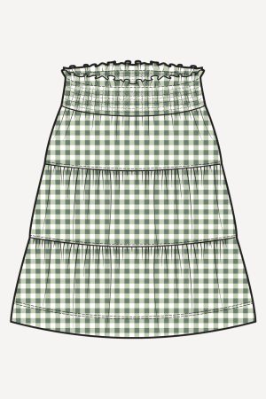 PREORDER smocked gathered tiered skirt | green gingham | organic cotton gauze