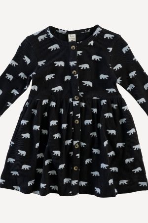 long sleeve button dress | tiny polar bear | organic cotton thermal