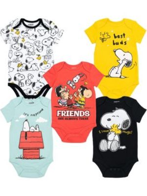 PEANUTS Snoopy Charlie Brown Boys 5 Pack Bodysuits Multi Infant