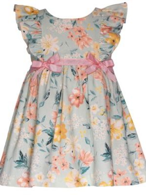 Bonnie Baby Baby Girls Floral Dress with Pinafore Ruffles and Ribbon Trim