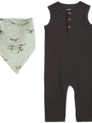 Carter's Baby Boys Drop Needle Jumpsuit & Bandana Bib, 2 Piece Set