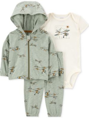 Carter's Baby Boys Cotton Airplane Little Hooded Jacket, Bodysuit & Pants, 3 Piece Set
