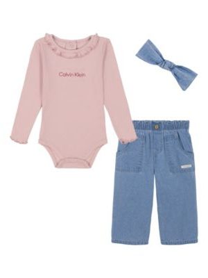 Calvin Klein Baby Girl Ribbed Logo Long Sleeve Bodysuit Denim Pull-Up Pants and Headband Set
