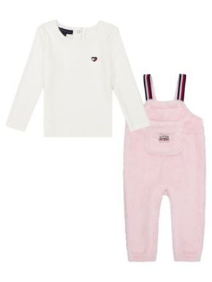 Tommy Hilfiger Baby Girl Drop Needle Long Sleeve Tee Sherpa Overalls 2-Piece Set