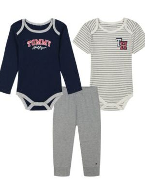 Tommy Hilfiger Baby Boy Long Sleeve Logo Bodysuit, Striped Short Sleeve Bodysuit and Joggers 3-Piece Set