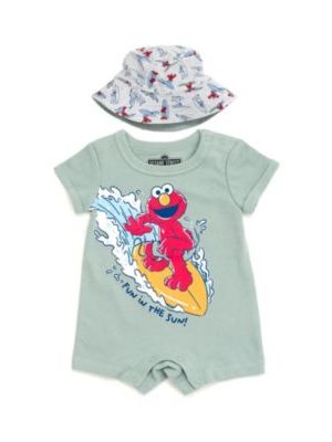 Sesame Street Baby Boys Elmo Cookie Monster Bird Romper and Bucket Sun Hat Newborn to