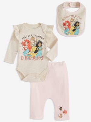 Disney Baby Girls Princesses Bib, Bodysuit & Pants, 3 Piece Set