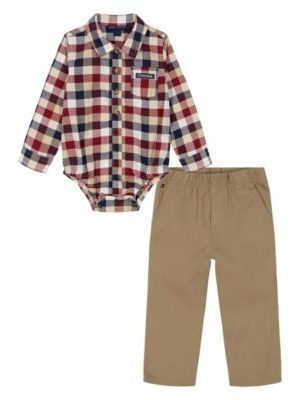 Tommy Hilfiger Baby Boy Oxford Plaid Long Sleeve Shirt Bodysuit Prewashed Twill Pants, 2-Piece Set