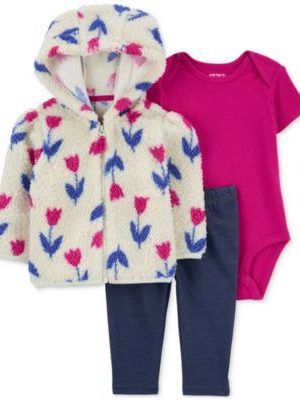 Carter's Baby Girls Faux-Sherpa Floral Little Jacket, Bodysuit & Denim Leggings, 3-Piece Set