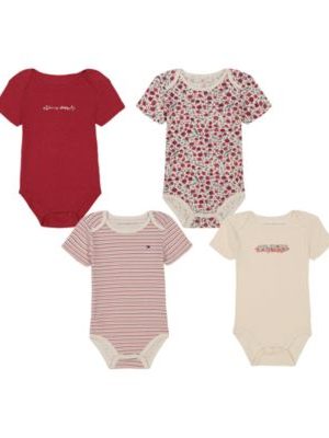 Tommy Hilfiger Baby Girl Floral-Stripe Short Sleeve Bodysuits, 4-Pack