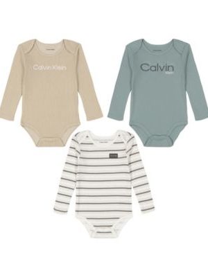 Calvin Klein Baby Boy Long Sleeve Logo Bodysuits, 3-Piece Set