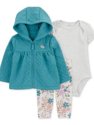 Carter's Baby Girls Quilted Cardigan, Bodysuit & Floral Pants