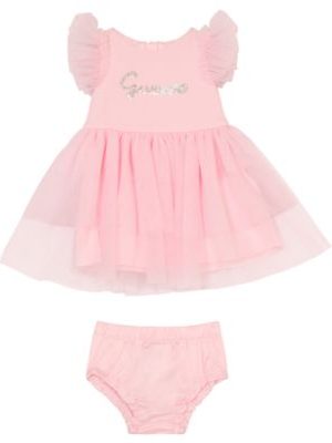 GUESS Baby Girl Short Sleeve Dress with Mesh Frill Sleeves and Diaper Cover, 2-Piece Set