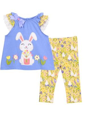 Rare Editions Baby Girl Bunny Applique Top and Pant, 2-Piece Set