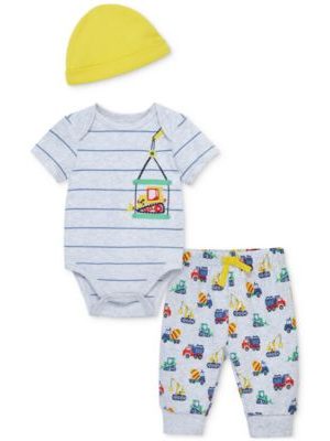 Little Me Baby Boys Construction Cotton Bodysuit, Hat & Pants, 3 Piece Set