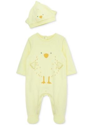 Little Me Baby Cotton Chick Footed Coverall & Hat, 2 Piece Set