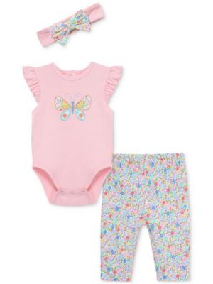 Little Me Baby Girls Cotton Butterfly Bodysuit, Leggings & Headband, 3 Piece Set