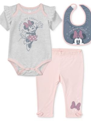 Disney Baby Girls Minnie Mouse Bib, Short-Sleeve Bodysuit & Pants, 3-Piece Set