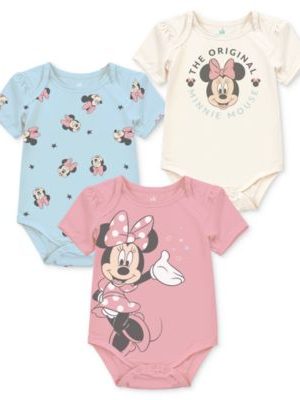 Disney Baby Girls Minnie Mouse Short-Sleeve Bodysuits, 3 Pack