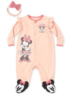 Disney Baby Girls Minnie Mouse Headband & Footed Coverall, 2 Piece Set