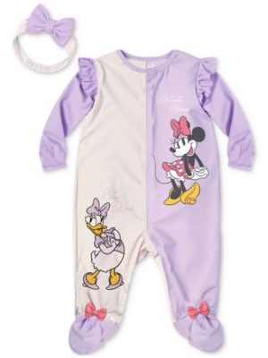 Disney Baby Girls Minnie Mouse & Daisy Duck Headband & Footed Coverall, 2 Piece Set