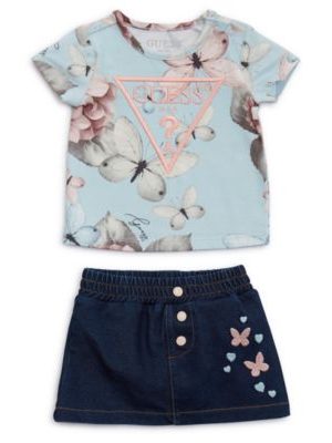 GUESS Baby Girl 2-Piece Stretch Jersey Printed T-Shirt and Knit Denim Skirt