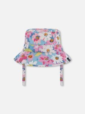 Deux par Deux Baby Girls Printed Beach Sun Hat White, Pink, And Green Flowers