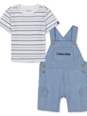Calvin Klein Baby 2-Pc. Set Striped T-Shirt & Denim Cargo Shortall