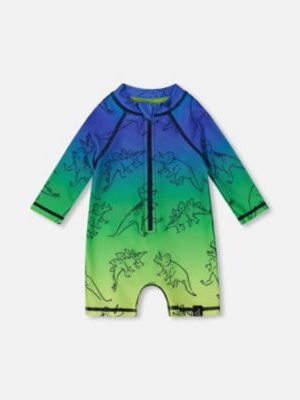 Deux par Deux Baby Boys Printed Long Sleeve One-Piece Rashguard Vibrant Blue And Green Dino