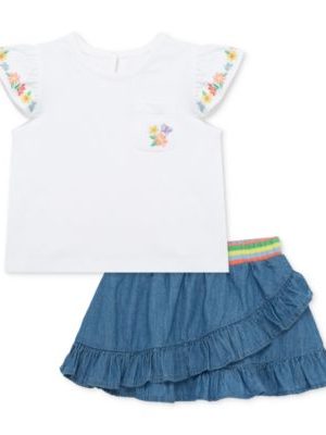 Little Me Baby Girls Embroidered Top & Chambray Skort Set