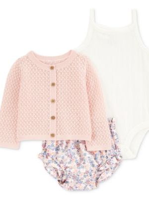 Carter's Baby Girls 3-Pc. Cotton Cardigan, Bodysuit & Floral-Print Shorts Set