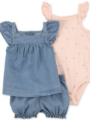 Carter's Baby Girls Cotton Chambray Top, Shorts & Printed Bodysuit, 3 Piece Set