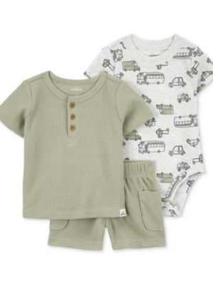 Carter's Baby Boys 3-Pc. Printed Bodysuit, Thermal Henley T-Shirt & Shorts Set