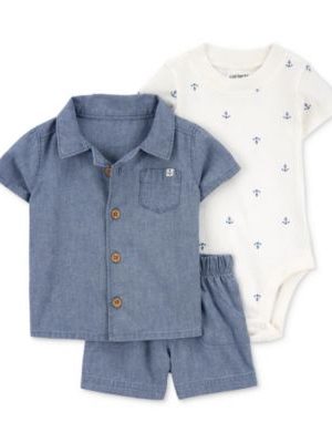 Carter's Baby Boys 3-Pc. Cotton Chambray Top, Shorts & Anchor-Print Bodysuit Set