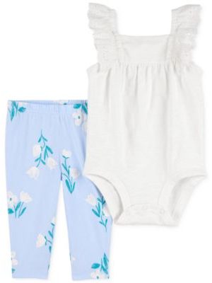 Carter's Baby Girls Cotton Eyelet-Flutter-Sleeve Bodysuit & Floral-Print Pants, 2 Piece Set