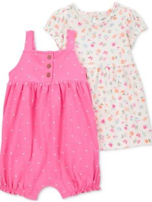 Carter's Baby Girls Cotton Romper & Dress With Diaper Cover, 2 Piece Set