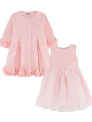 Blueberi Boulevard Baby Girls 2-Piece Rosette Trim Textured Swing Coat and Tulle Dress Set
