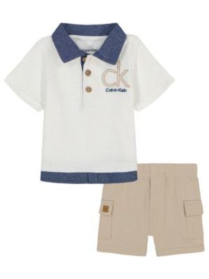 Calvin Klein Baby Boys 2-Piece Chambray Trim Jersey Polo French Terry and Cargo Shorts Set