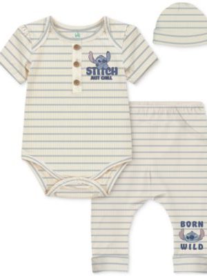Disney Baby Boys 3-Pc. Stitch Stripe Bodysuit, Pants & Hat Set
