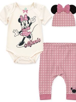 Disney Baby Girls Minnie Mouse Bodysuit, Pants & Hat, 3 Piece Set