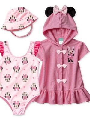 Disney Baby Girls Minnie Mouse Swimsuit, Hat & Hooded Cover-Up, 3 Piece Set