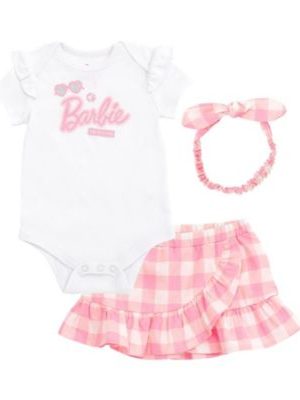 Barbie Baby Girls Bodysuit Ruffle Skirt and Bow Headband 3 Piece Outfit Set Newborn to Toddler