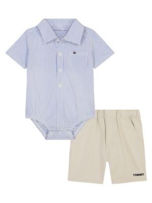 Tommy Hilfiger Baby Boy 2-Piece Seersucker Stripe Button Front Bodysuit Washed Twill Shorts Set