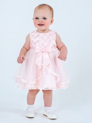 Baby Girls Basket Weave Social Dress with Two Tiered Ribbon Skirt